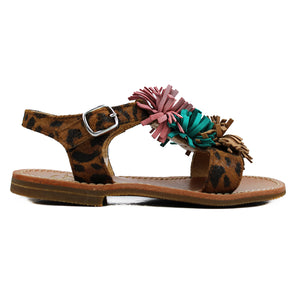 Toddler sandals in animalier suede with fringes on top and open back