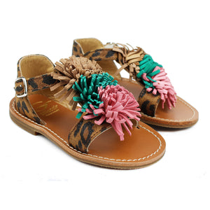 Toddler sandals in animalier suede with fringes on top and closed back
