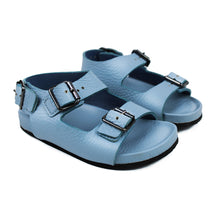 Load image into Gallery viewer, Toddler Double strap sandals in pale blue leather with ergonomic footbed
