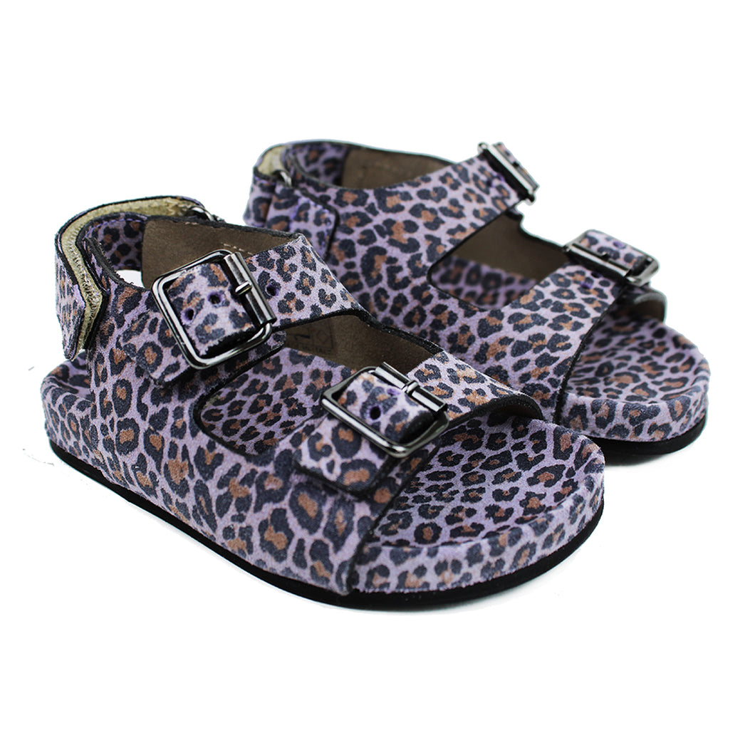 Toddler Double strap sandals in violet animalier leather with ergonomic footbed