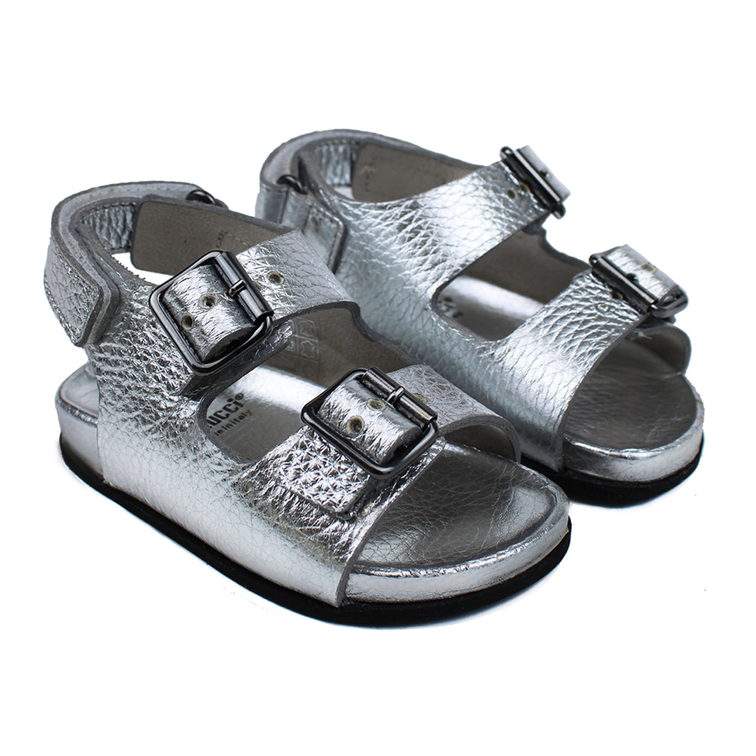 Toddler Double strap sandals in silver leather with ergonomic footbed