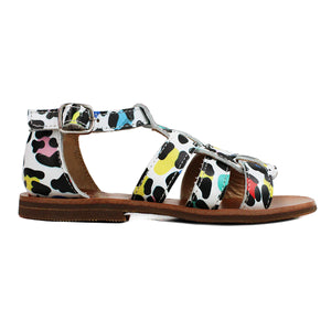 Toddler sandals with fantasy graphic print and leather patch on the top