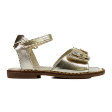 Load image into Gallery viewer, Toddler sandals in platinum leather and velcro with flowers on the top
