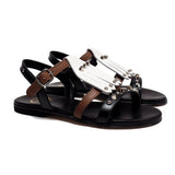 Sandals in Black and Brown Calf Leather with White Fringe and Studs