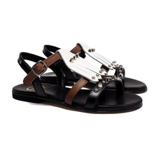 Load image into Gallery viewer, Sandals in Black and Brown Calf Leather with White Fringe and Studs
