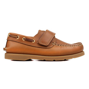 Tan leather boat shoes with brown details