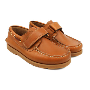 Tan leather boat shoes with brown details