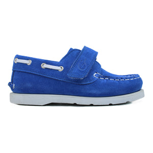 Royal blue suede boat shoes with white details
