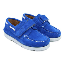 Load image into Gallery viewer, Royal blue suede boat shoes with white details
