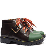 Single buckles boot in brown calf leather with green rubber tip