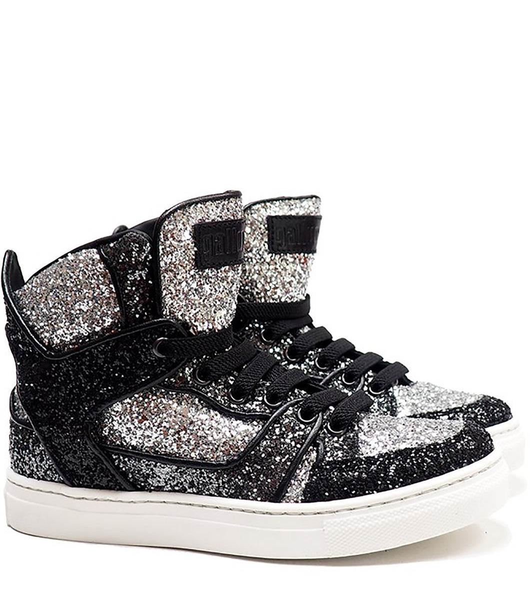 High-top sneakers in silver glitter fabric with calf lining leather